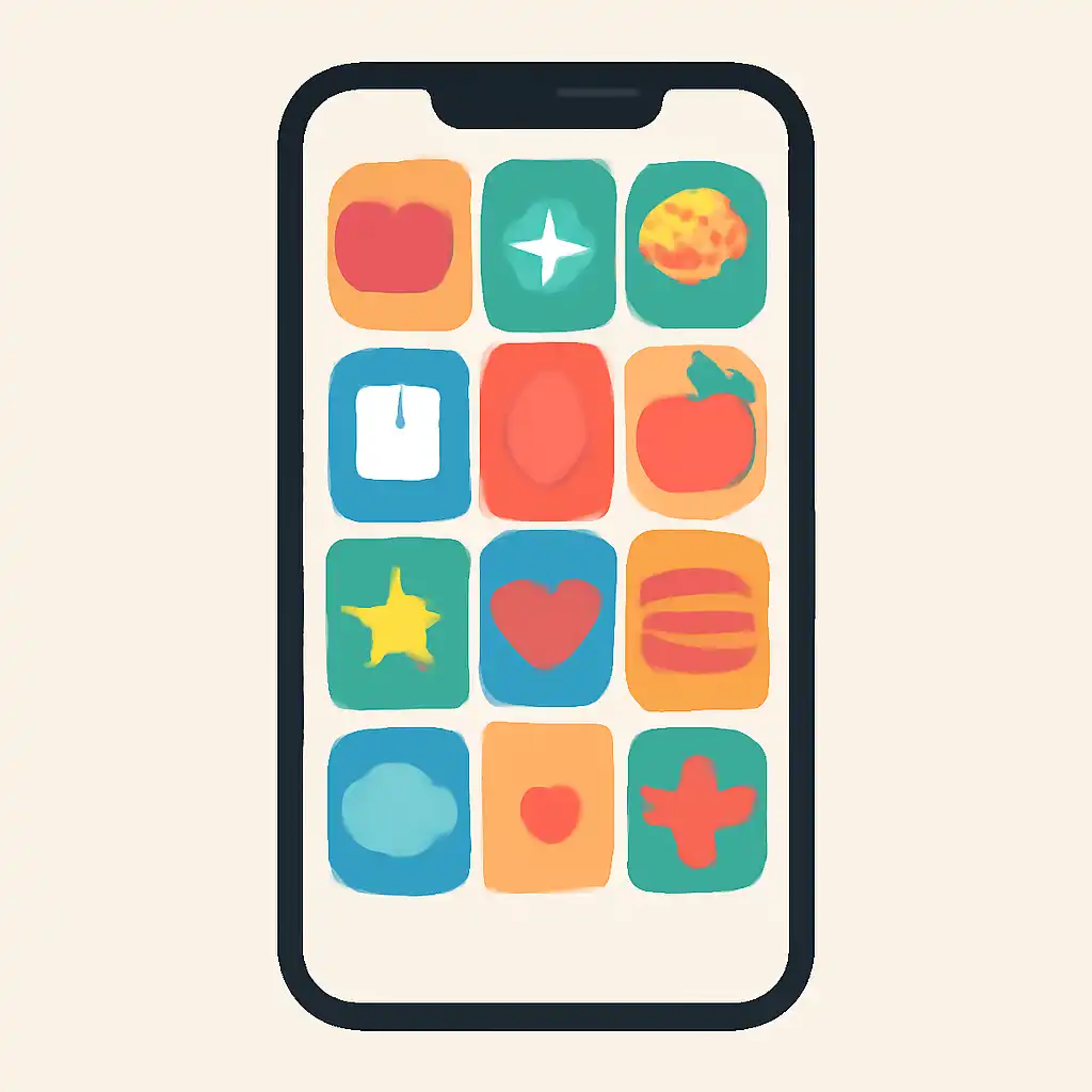 Smartphone shown from the front displaying a colourful flat layout of abstract game icons and rounded tiles (no text, no letters, no labels), 82 Lottery