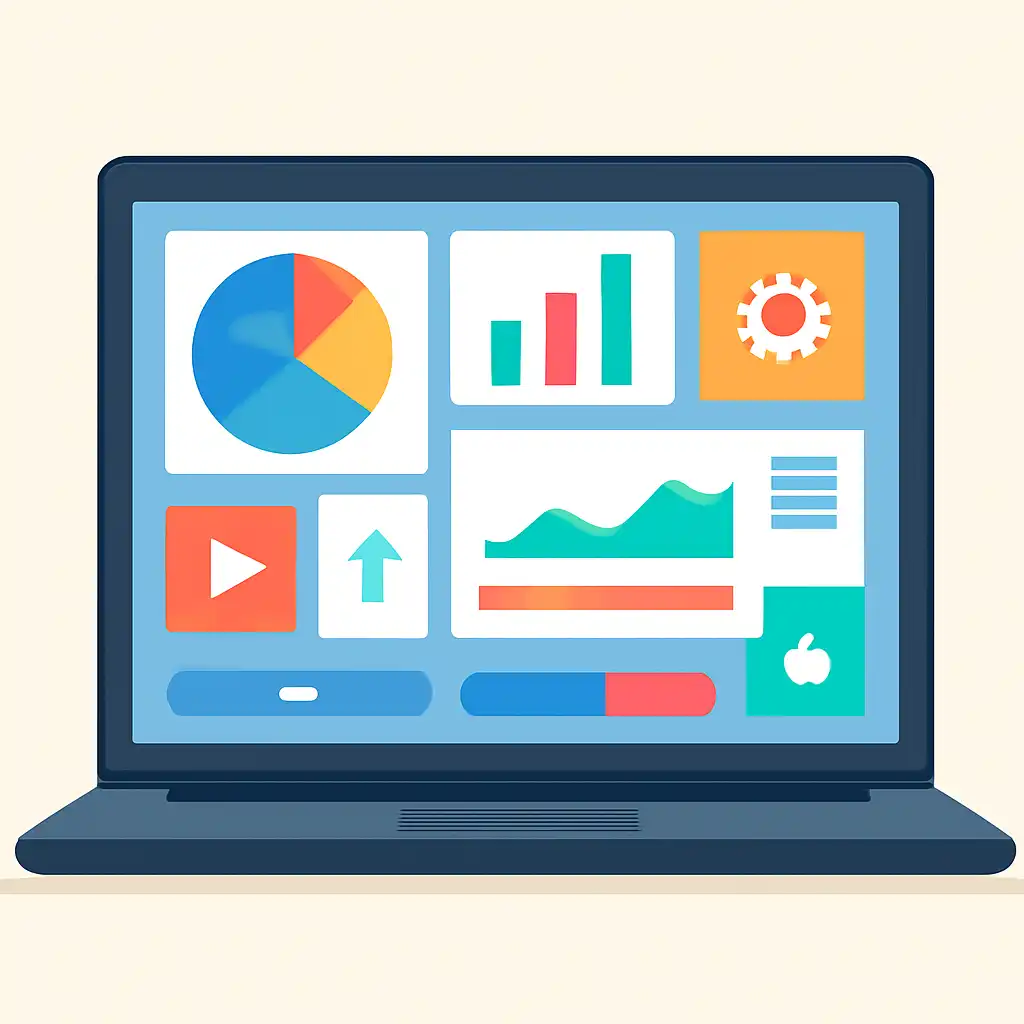 Laptop shown from the front displaying a colourful flat dashboard of abstract charts, bars and icon tiles (no text, no letters, no labels), 82 Lottery