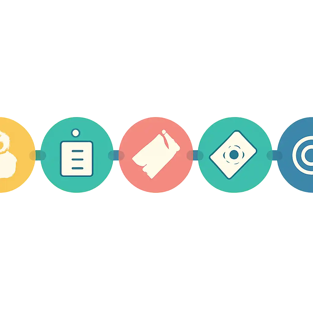 Five numbered circular icons connected by arrows in a horizontal flow, flat illustration, icons only, no words, 82 Lottery steps